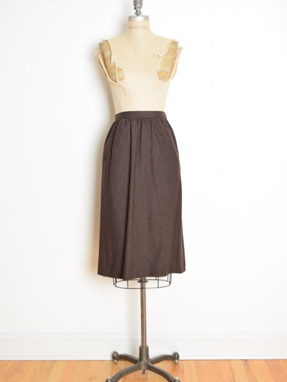 vintage 80s wool midi skirt dark brown high waist secretary riding modest XS